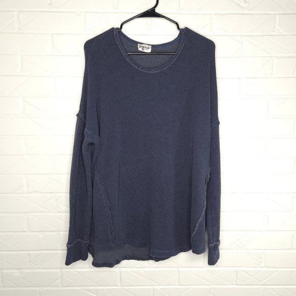 SMYM Mineral Wash Navy Blue Thermal Waffle Knit Top Drop Sleeve Oversize L - Picture 1 of 4